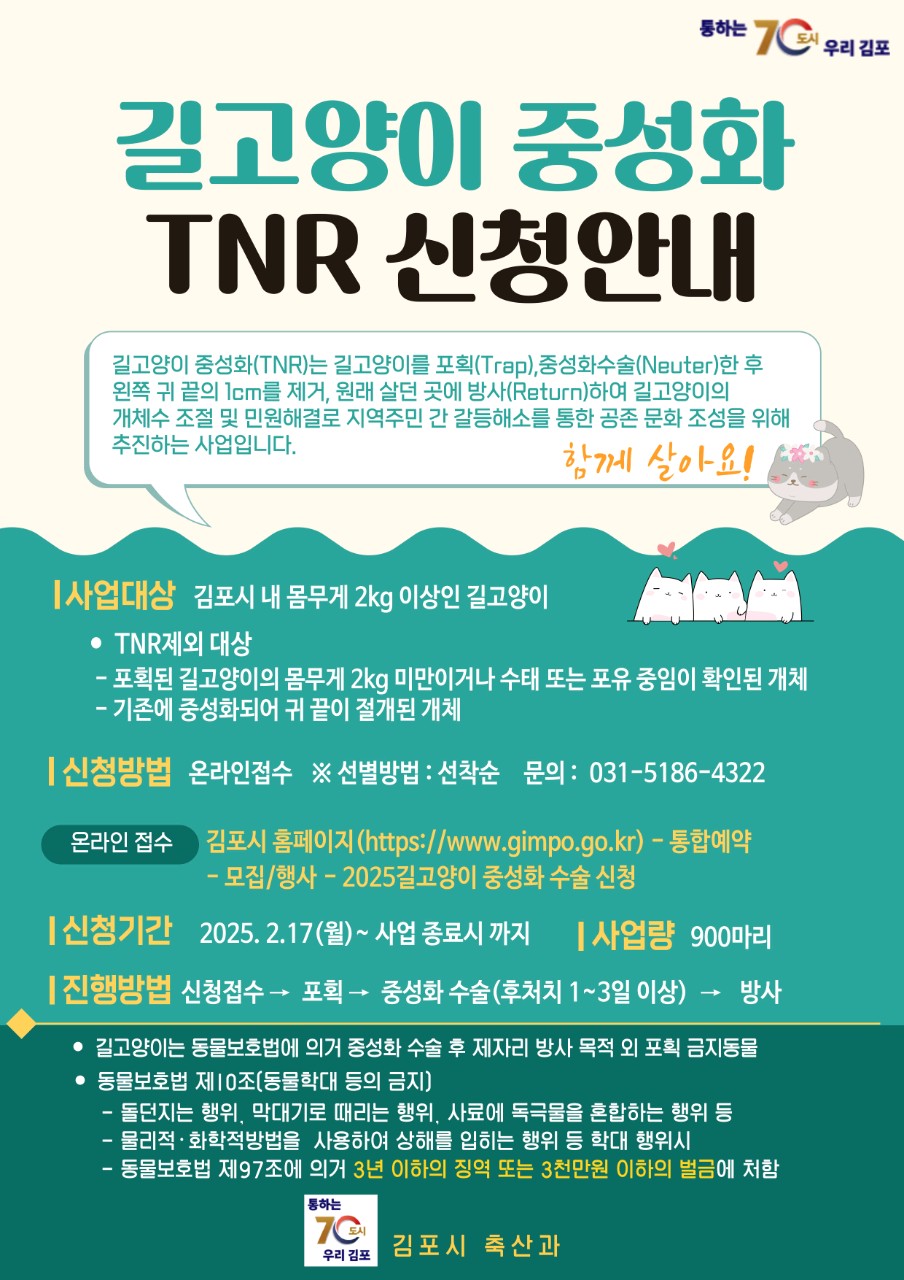 김포시, 2025 길고양이 중성화 사업（TNR） 실시 이미지