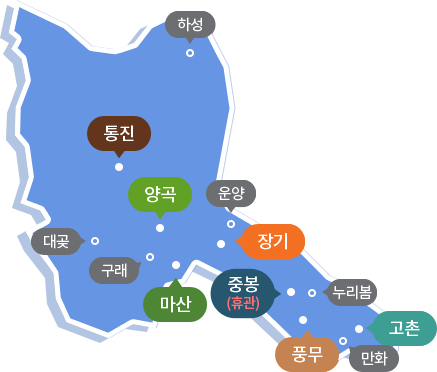 김포시 도서관(통진, 양곡, 장기, 중봉, 풍무, 고촌 마산), 작은도서관(대곶, 구래, 운양, 누리봄, 하성) 지도입니다.(작은도서관(누리봄 작은도서관) 안내)